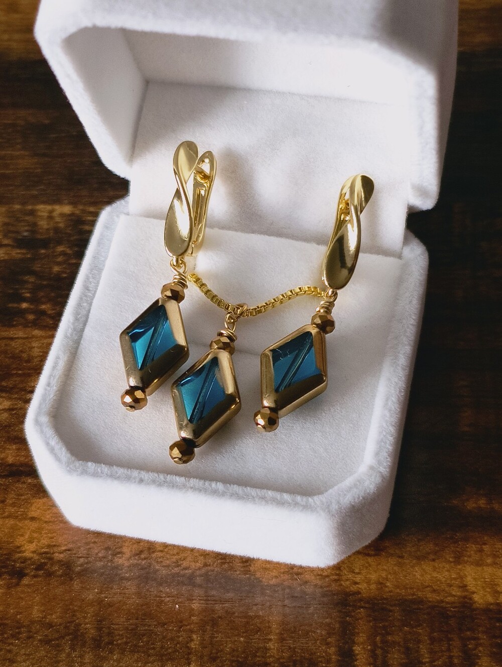 18k Gold Filled Box Chain Necklace & Earring Set Teal Glass